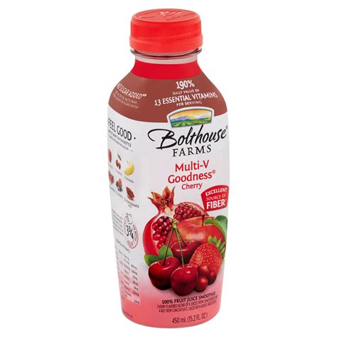 Wm. bolthouse farms - Sizes. 15.2oz. 32oz. 52oz. *One serving equals 1/2 cup of juice. Daily recommendation: 4 servings of a variety of fruit, including whole fruits, for a 2,000 calorie diet (MyPlate). Not a low calorie food.